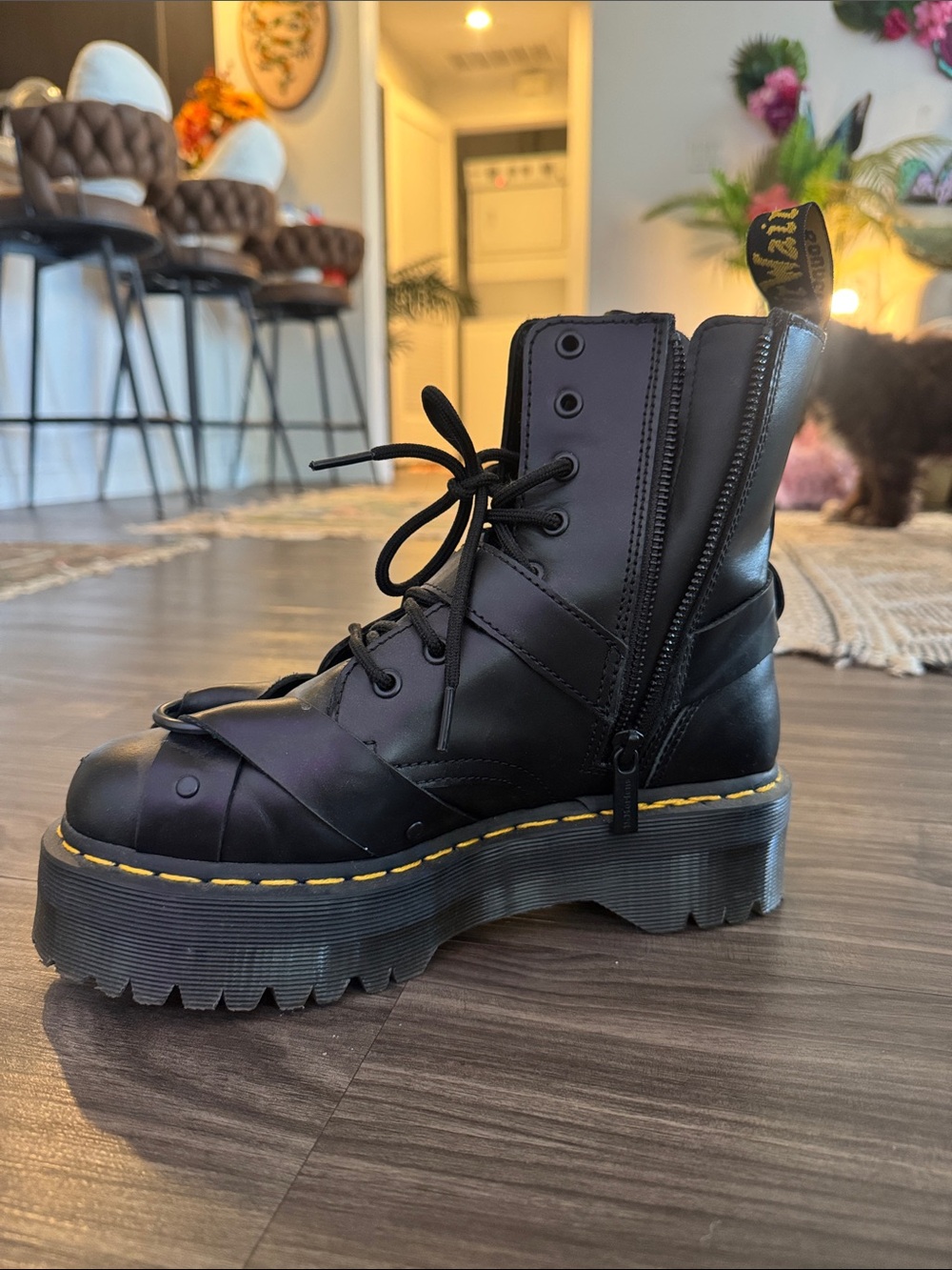 Dr. Martens Black Leather Platform Combat Boots with Yellow Stitching - Picture 2 of 7
